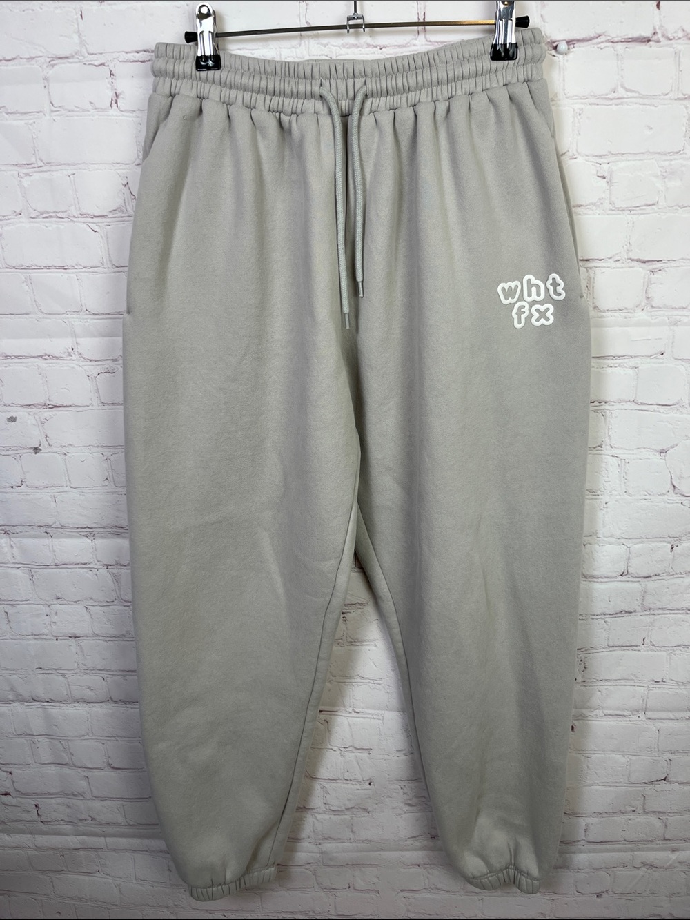 White Fox Greige Jogger Style Sweatpants with WHTFX White Puff Print Size Medium